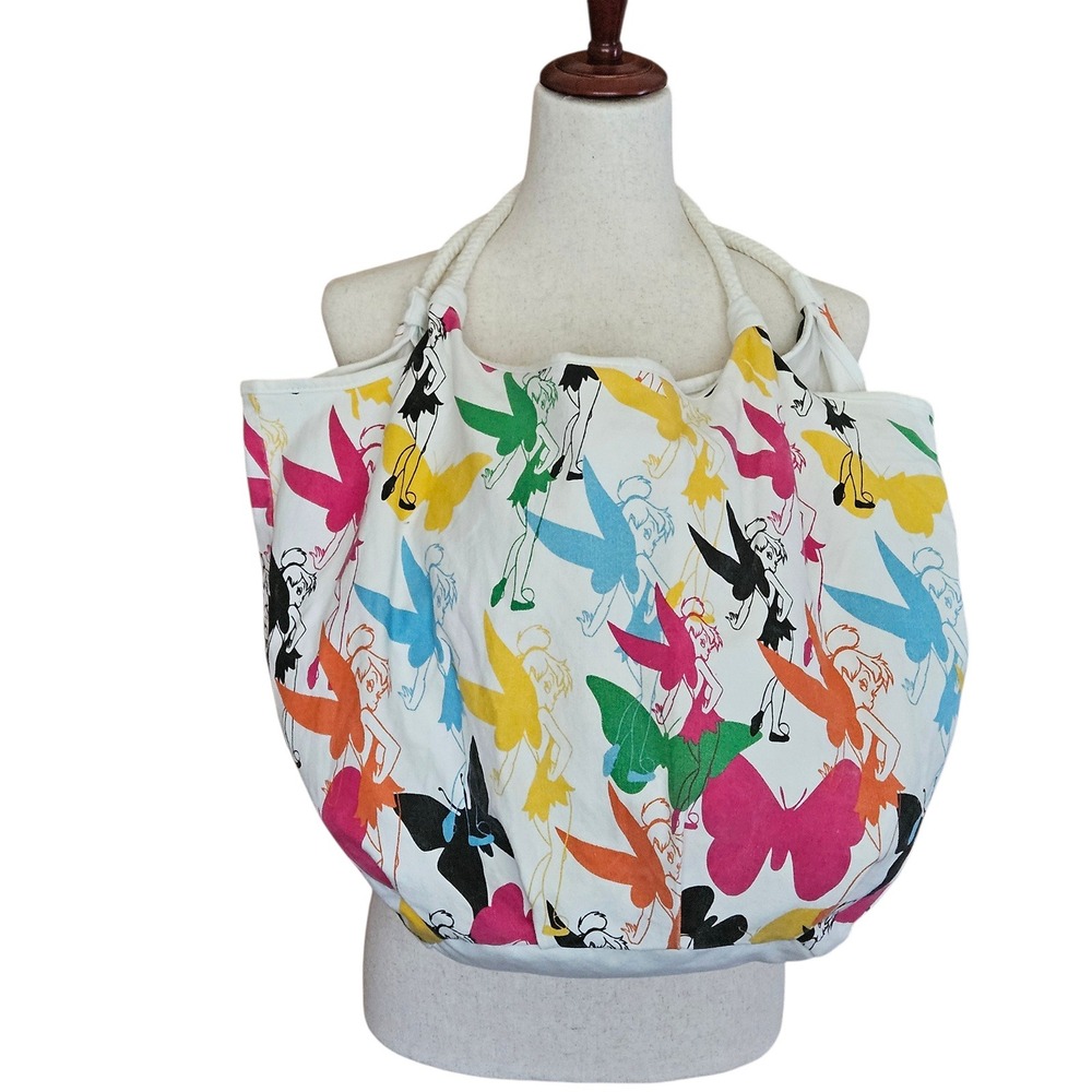 Disney Tinker Bell Canvas Hobo Bag Large Shoulder Tote Rope Straps White Multi